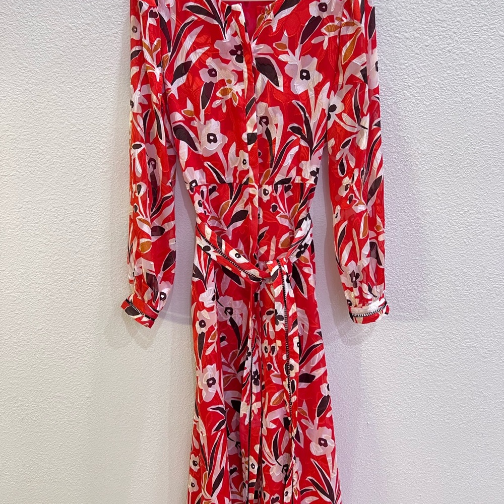 Massimo Dutti Red Floral Long Sleeve Dress